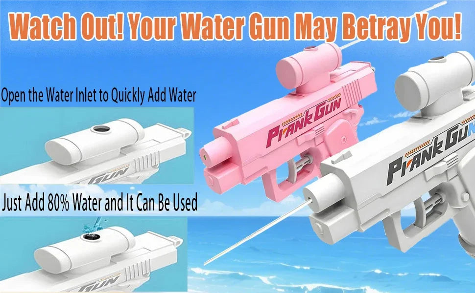 A pink and white prank water gun is shown being used to spray water, with instructions for quickly adding water.