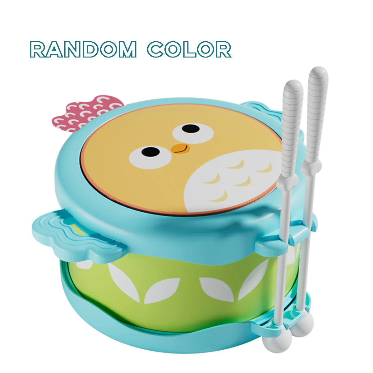 A light blue owl-shaped musical drum for kids with a yellow face and green body.