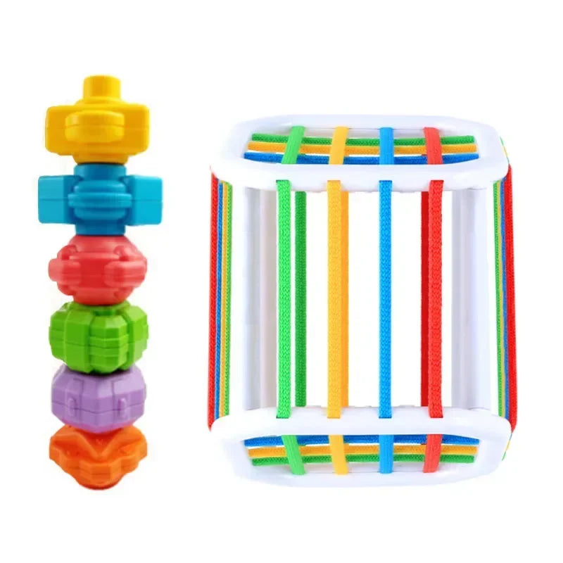 A set of colorful sensory sorting blocks with various colored rods and stacking components for babies and toddlers