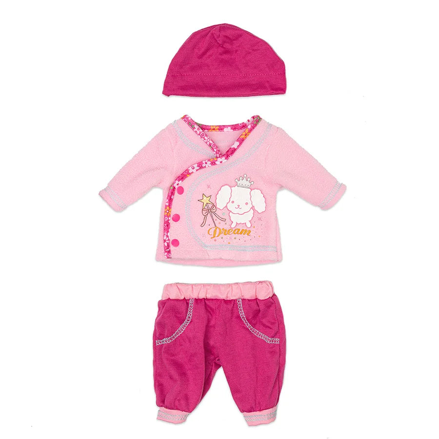 A pink outfit set for a doll including a matching hat, shirt, and pants with a cat print design.