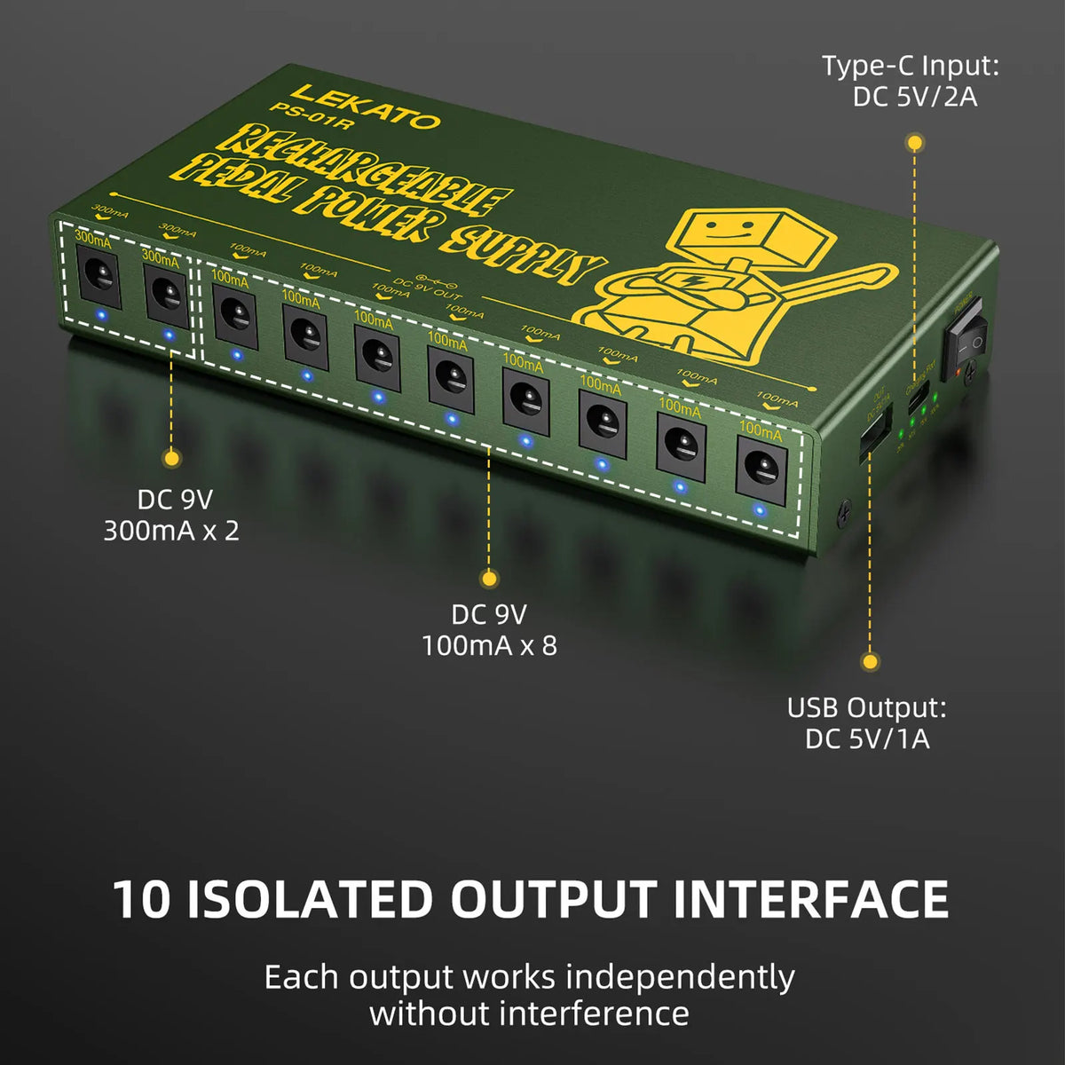 A green portable rechargeable guitar pedal power supply featuring ten isolated DC output ports.