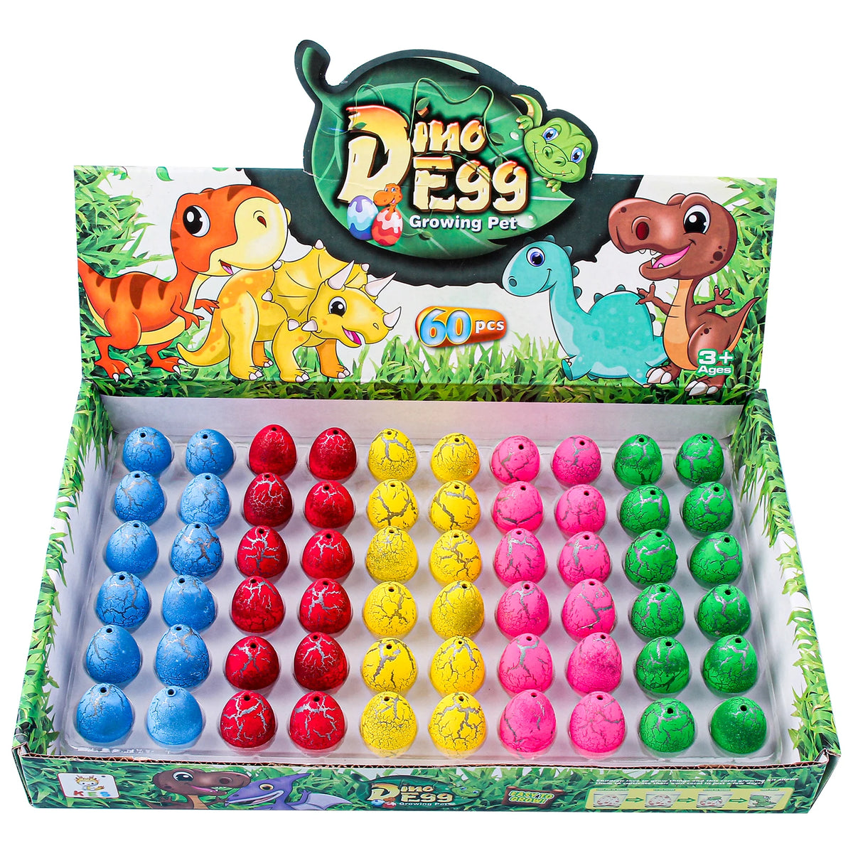 A box of Dino Egg Growing Pet toys featuring various colored dinosaur eggs and a dinosaur figure.