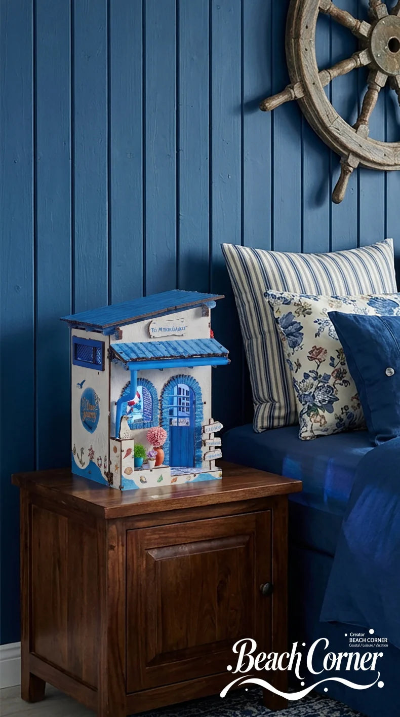 Beach Corner Book Nook Kit – Wooden Miniature Bookend with LED Light