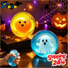 A glowing orange pumpkin head squishy toy is displayed next to a blue ghost-shaped stress relief toy.