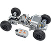 A gray and black robotic vehicle kit featuring motors and servos for building blocks.
