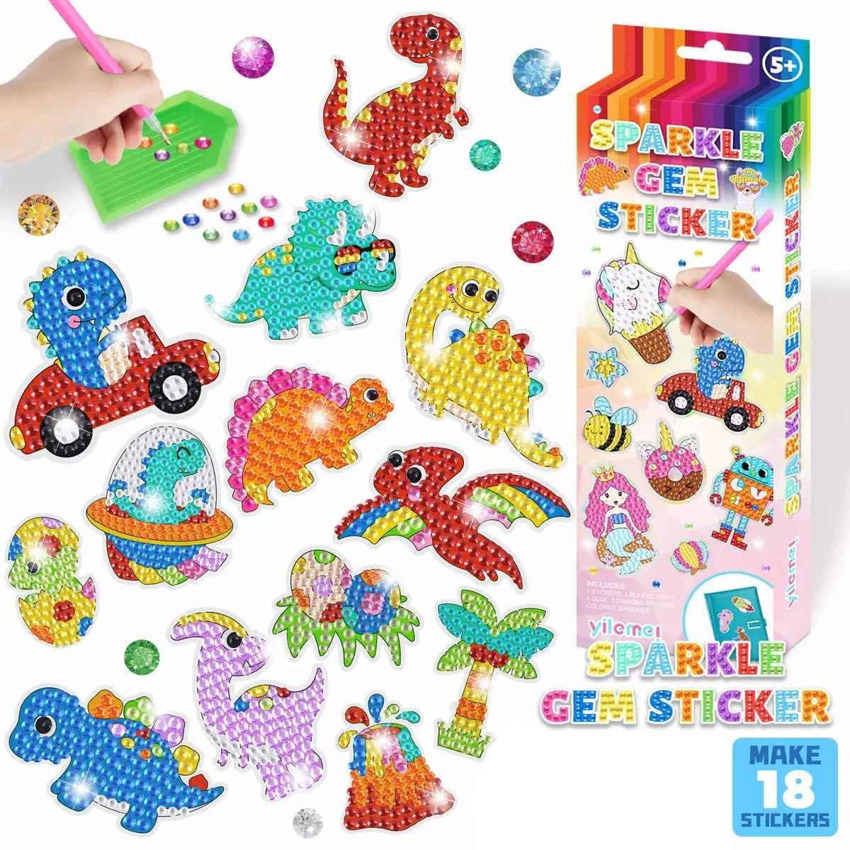 A colorful sticker kit featuring a dinosaur and other gems for kids