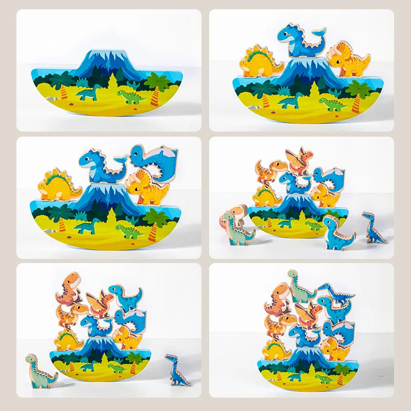 A set of wooden dinosaur stacking blocks in various colors and sizes used for balance play.