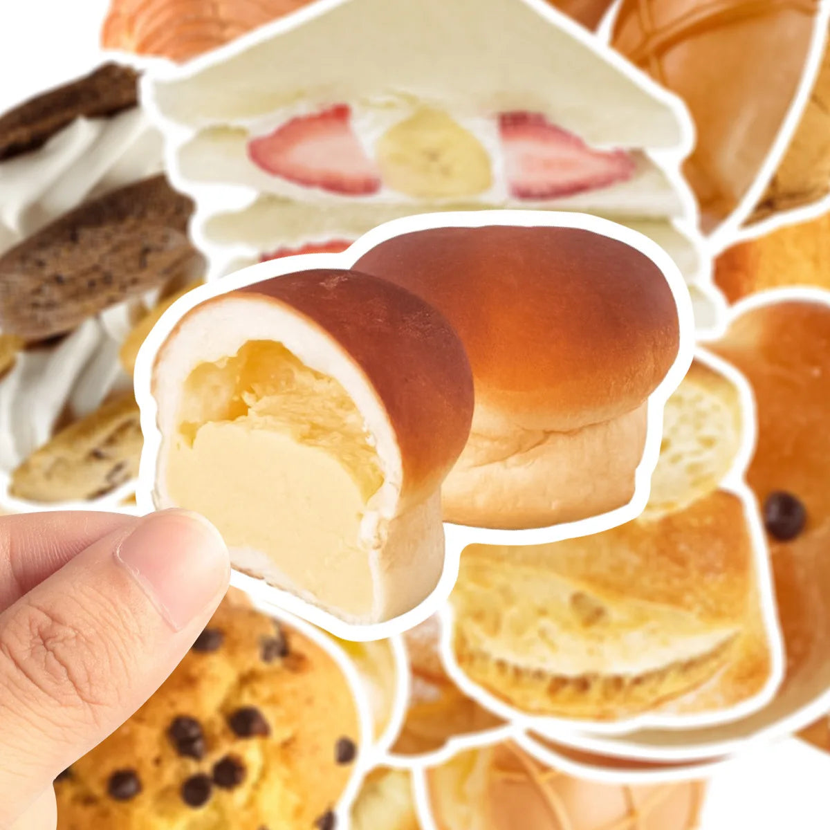 A hand holds a sliced pastry, showing the interior and exterior texture of a baked good.
