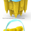 A yellow castle sand play set featuring a bucket and scoop with blue accessories.