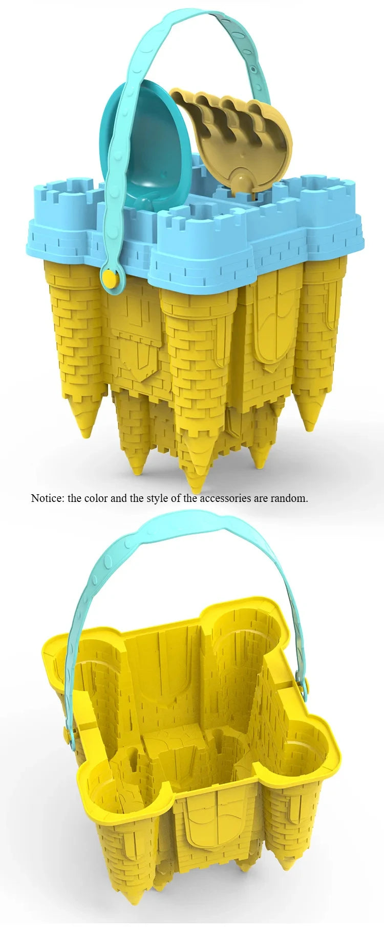 A yellow castle sand play set featuring a bucket and scoop with blue accessories.