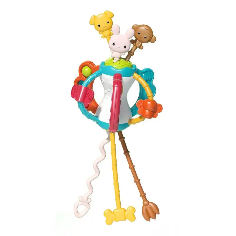 Juguete de silicona con cuerda para masticar y sonajero que presenta una figura tipo bebé y varios componentes coloridos.