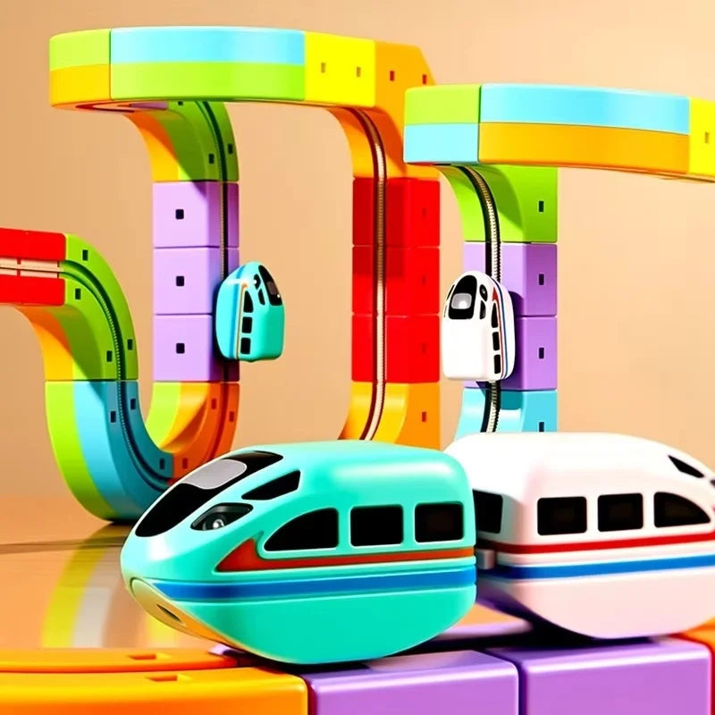 A colorful magnetic track train set featuring flexible rail pieces and various colored train models.