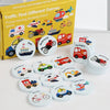 A collection of round wooden memory matching game tiles featuring various traffic and transport vehicles like fire engines, b