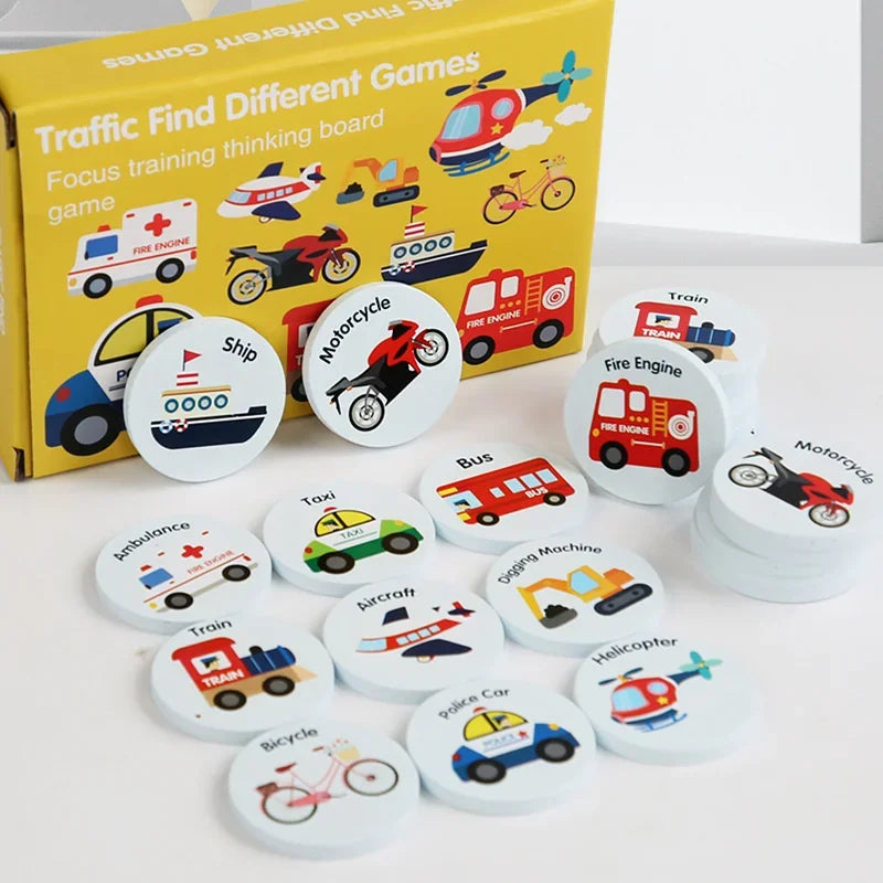 A collection of round wooden memory matching game tiles featuring various traffic and transport vehicles like fire engines, b