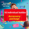 A colorful game board with individual bottles and accessories for a guessing game.