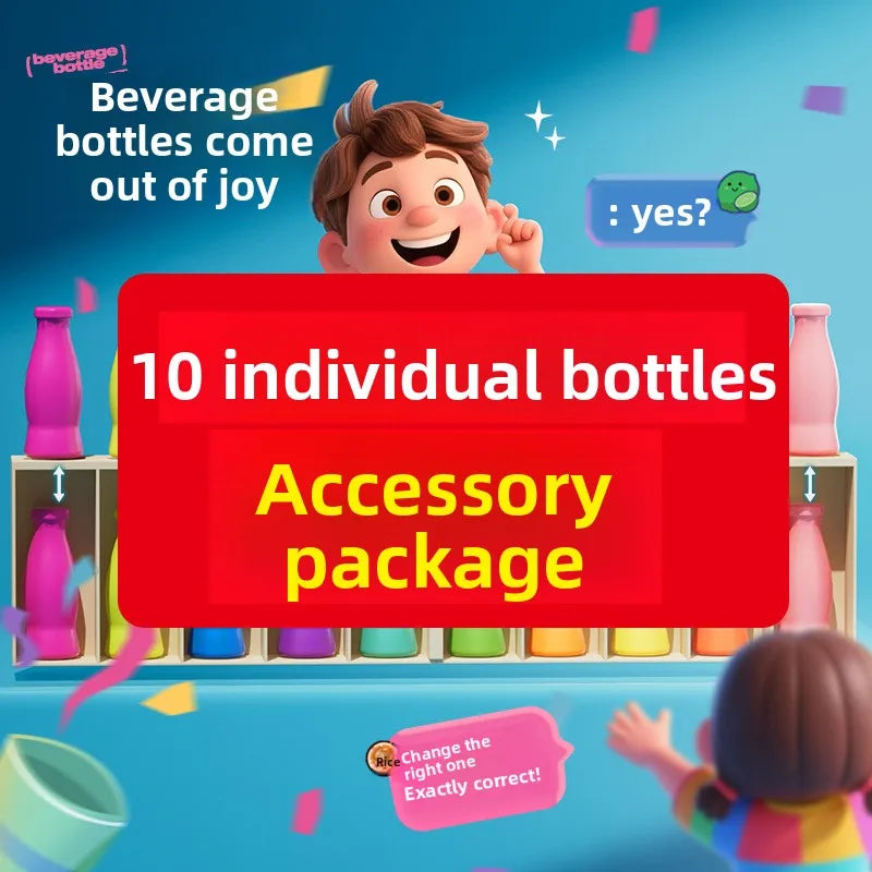 A colorful game board with individual bottles and accessories for a guessing game.