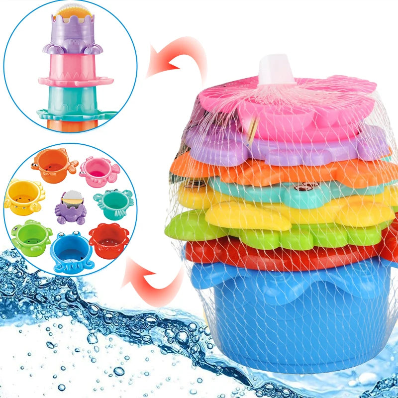 Colorful stacking cups bath toys with floating boats stacked in a blue container