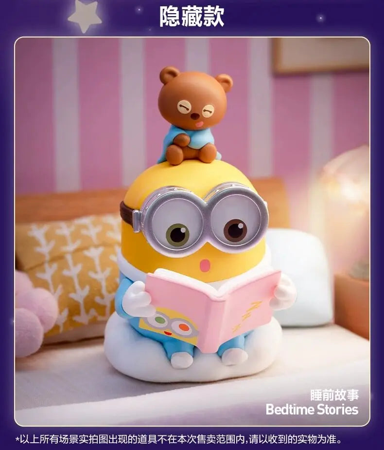 A cute bear figure sits atop a yellow, round character with large glasses and a pink book, displayed as a blind box collectib