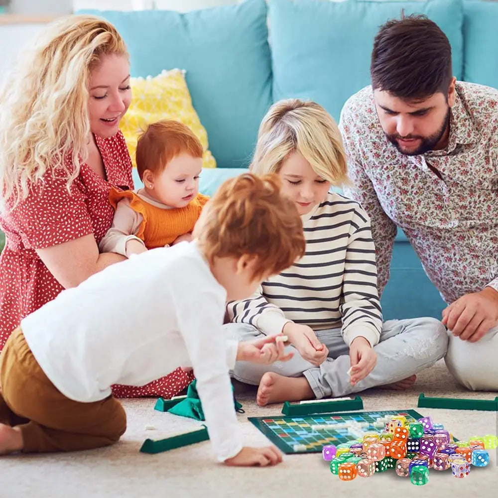 A family is playing with a large collection of transparent acrylic 6-sided dice on a light-colored rug.