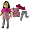 A casual outfit set for an 18-inch doll featuring a pink quilted dress, gray pants, and a matching pink jacket.