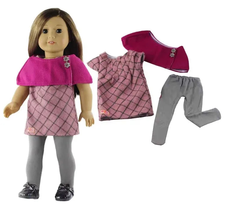 A casual outfit set for an 18-inch doll featuring a pink quilted dress, gray pants, and a matching pink jacket.