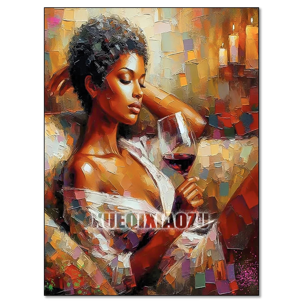 A vibrant diamond painting portrait of an African woman holding a glass of red wine.