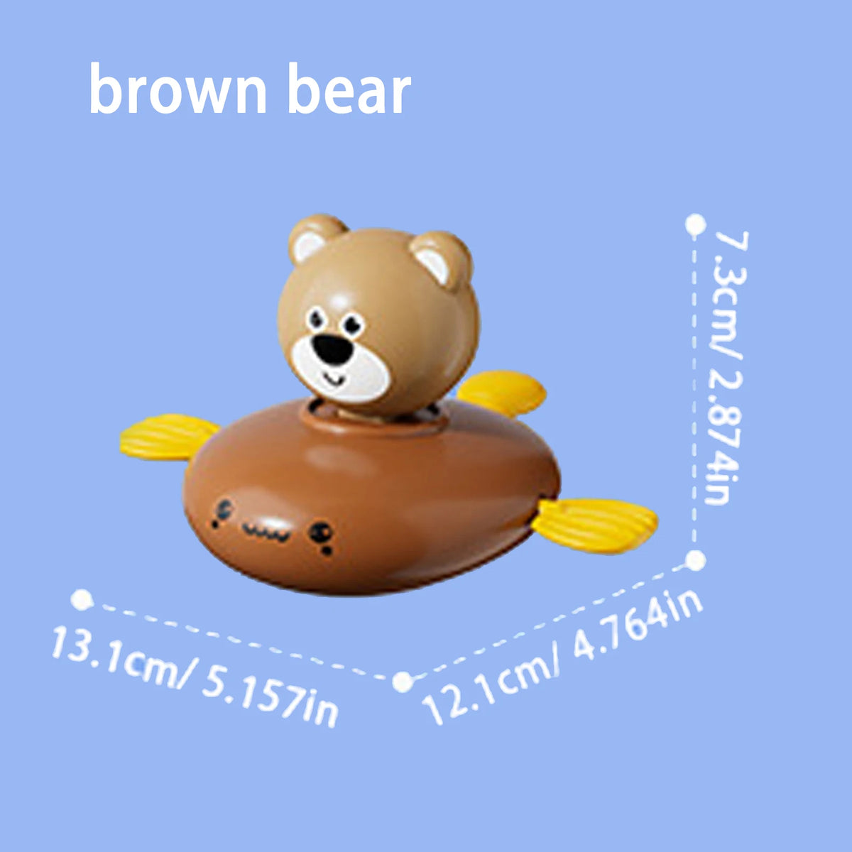 A brown bear bath toy with yellow ears and a round body.