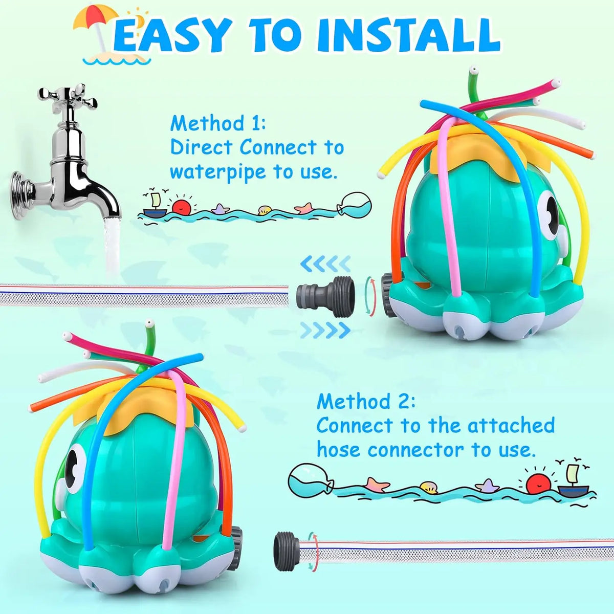 Two methods shown for installing an octopus water spray sprinkler for kids: direct connection to a waterpipe or connecting to