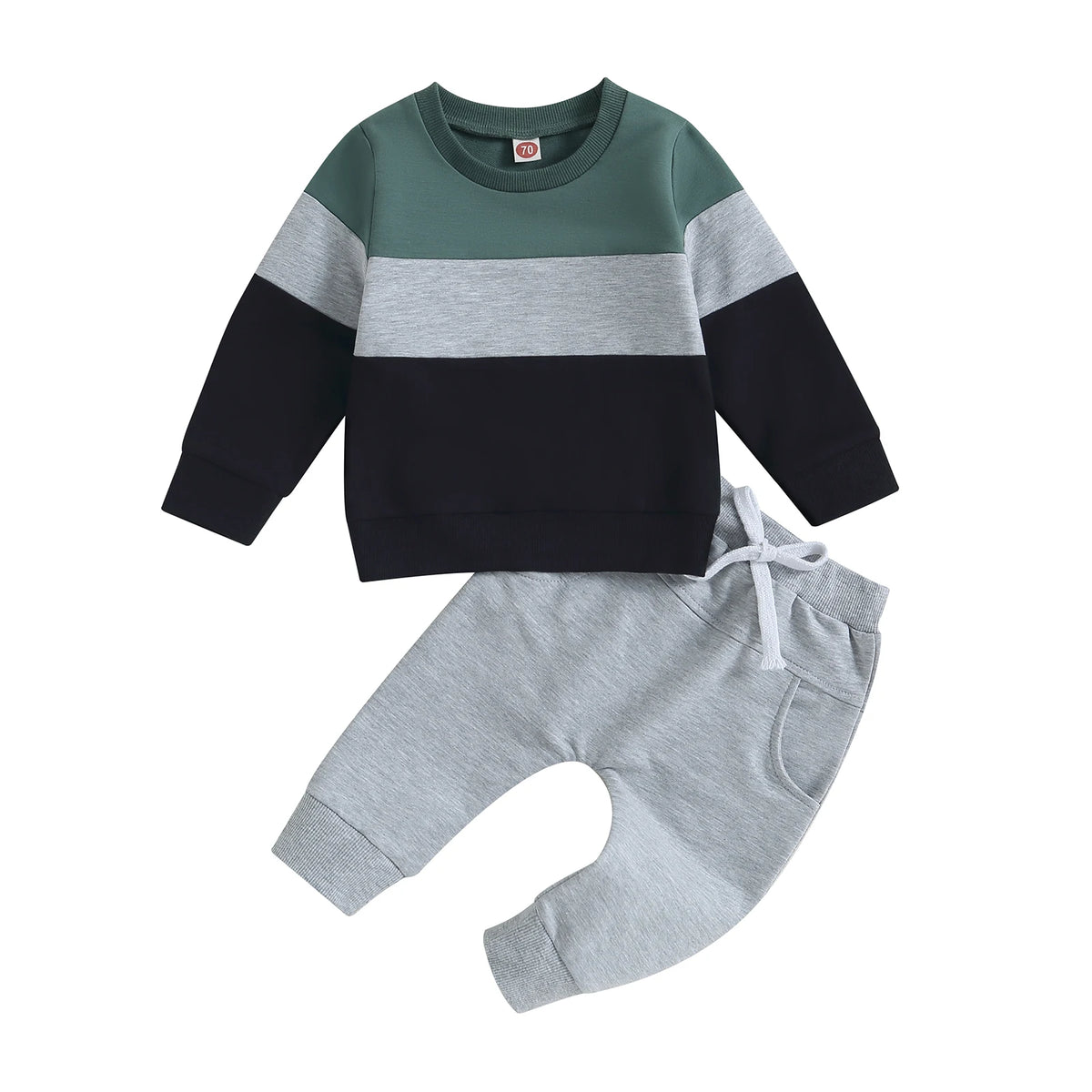Toddler boys color block sweatshirt and pants set in shades of gray, black, and sage green