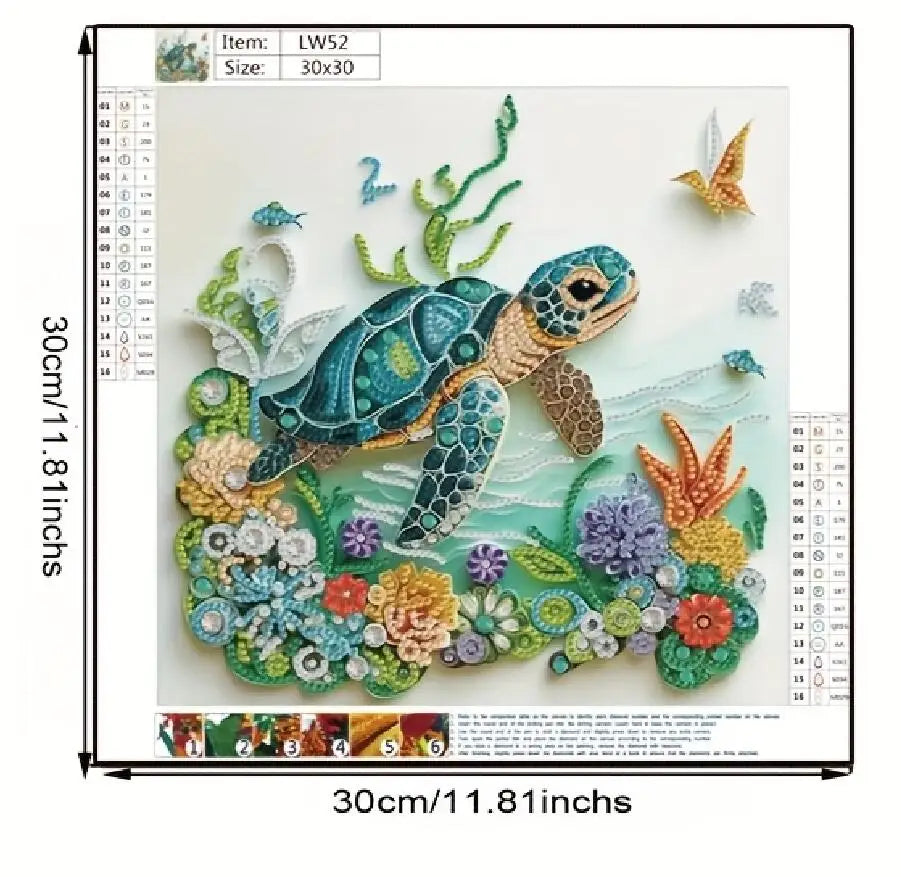 A diamond painting kit featuring a sea turtle and surrounding floral elements on a white background.