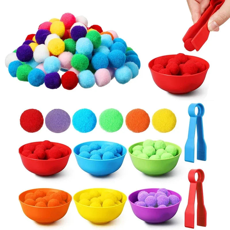 A collection of colorful pom-poms in various colors and sizes, including red, blue, green, yellow, and purple, presented in b