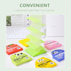 A collection of colorful sticky notes in various shades of green, yellow, and pink are displayed on a white desk next to a la