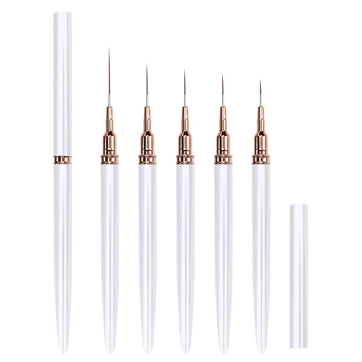 A set of five ultra-fine nail art liner brushes with metallic gold ferrules and clear plastic handles.