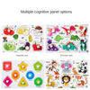 Multiple cognitive panel options showing vegetable, dinosaur, and shape style wooden puzzles for toddlers