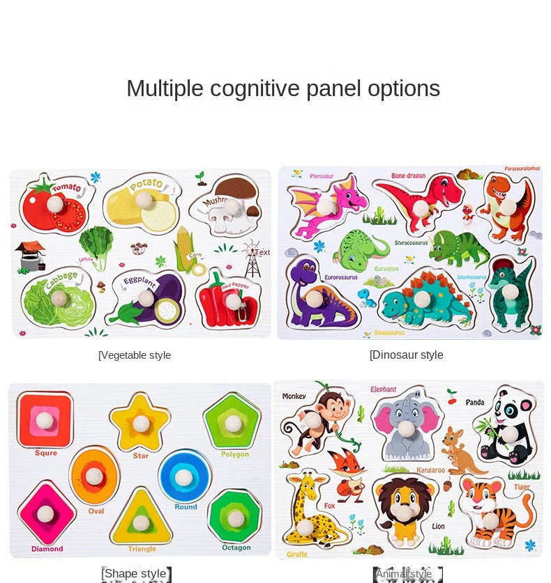 Multiple cognitive panel options showing vegetable, dinosaur, and shape style wooden puzzles for toddlers