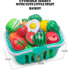 A teal basket filled with cute little fruit and vegetable toys for developing storage habits.