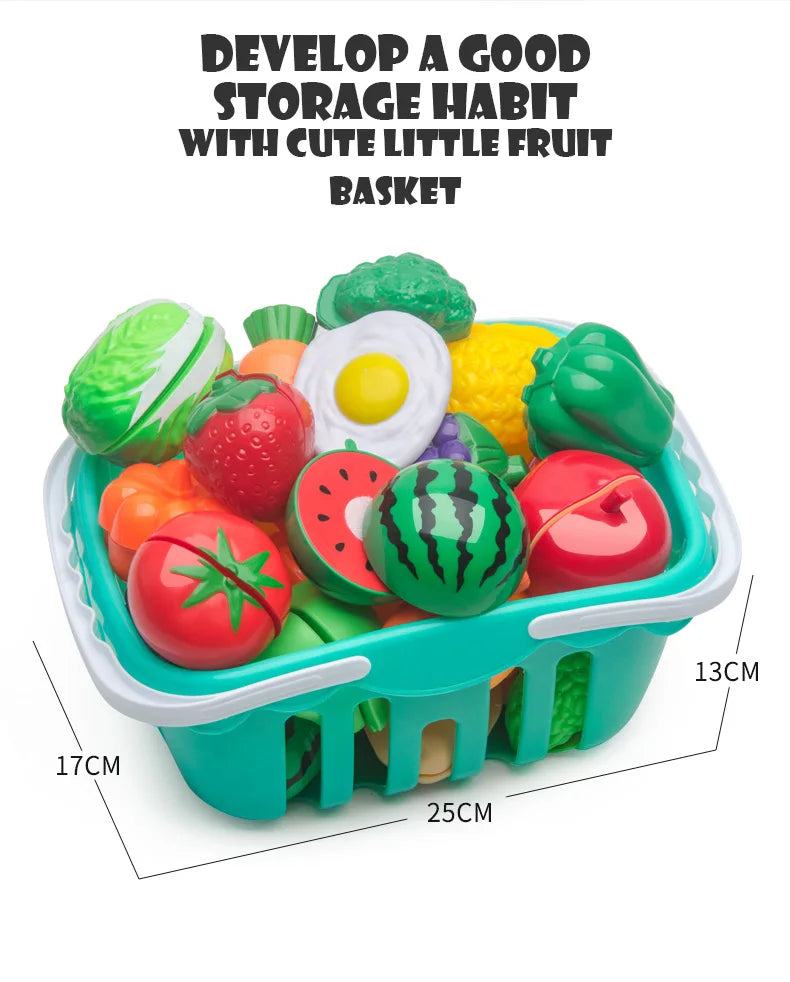 A teal basket filled with cute little fruit and vegetable toys for developing storage habits.
