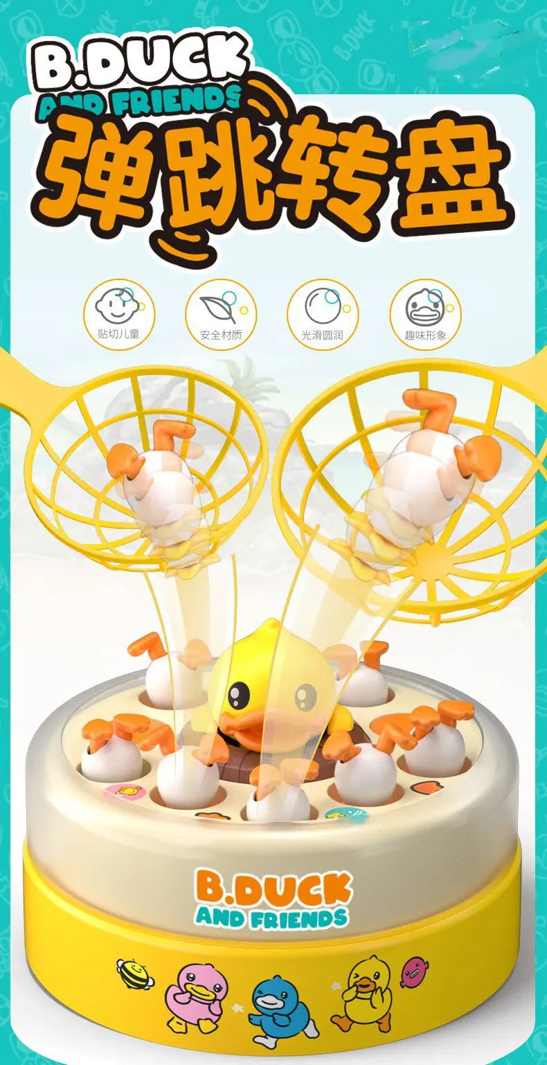 A yellow and orange reflex training toy featuring a duck character and various components for kids.