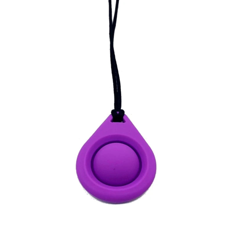 Purple silicone chew necklace with a black cord for teething and sensory calming