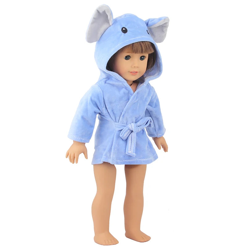 A plush blue animal bathrobe and nightgown set for a doll