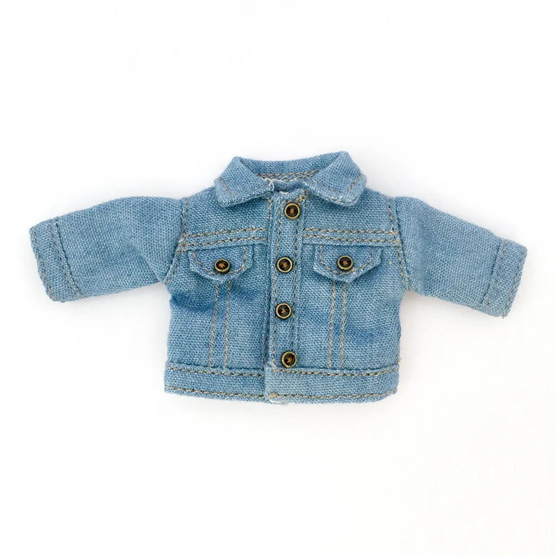 A light blue denim jacket for 1/12 scale dolls with a collar and button closure.