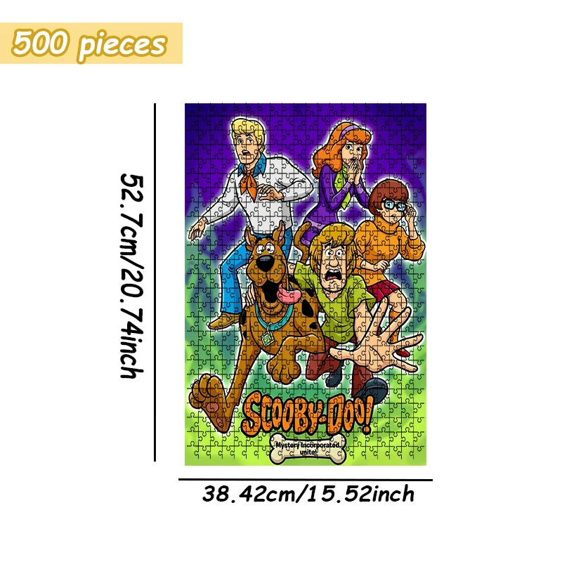 A 500 piece jigsaw puzzle featuring characters from Scooby-Doo Mystery Inc. in a colorful retro style.