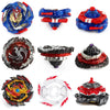 A set of metal spinning tops in various colors including blue, red, and black with string launchers.