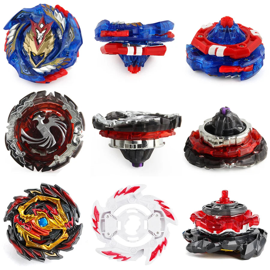 A set of metal spinning tops in various colors including blue, red, and black with string launchers.