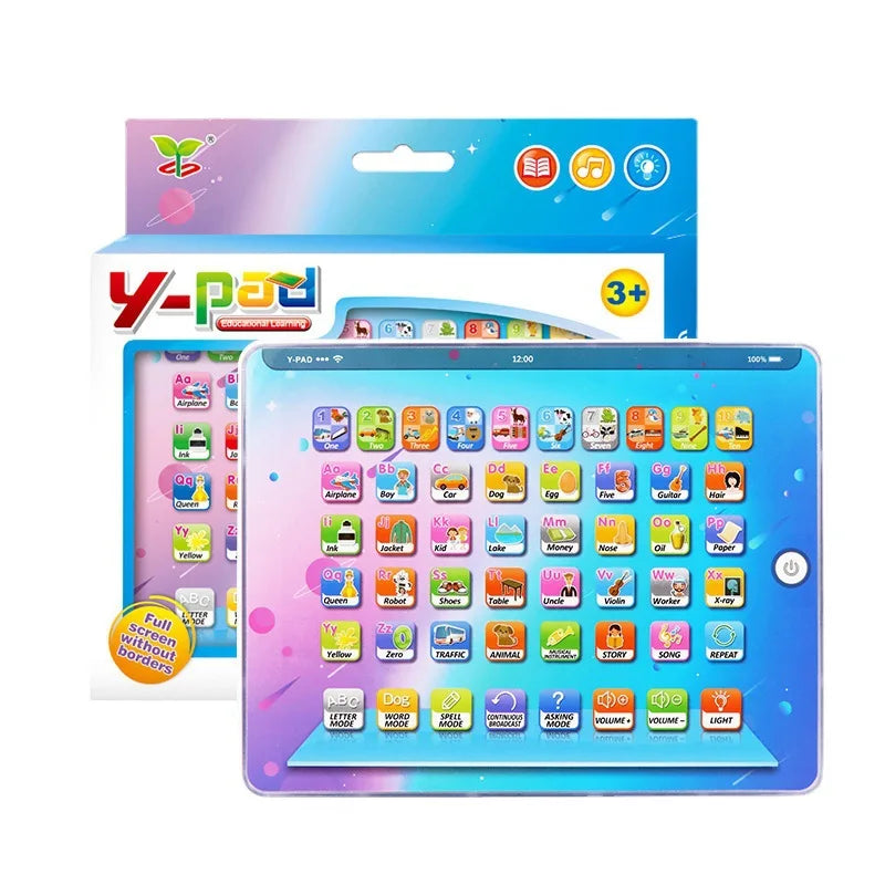 A purple interactive learning tablet for kids with colorful educational apps and a matching box.