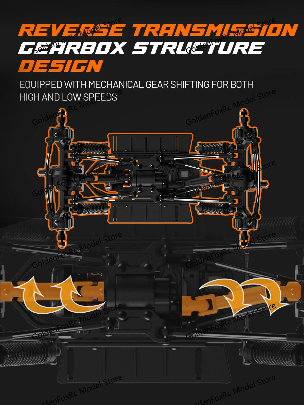 A detailed view of a reverse transmission gearbox structure design for an RC rock crawler.