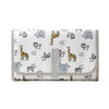 A portable waterproof baby changing mat featuring a pattern of various animal illustrations.