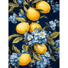 A painting of lemon branches with yellow fruit and blue flowers on a dark background.