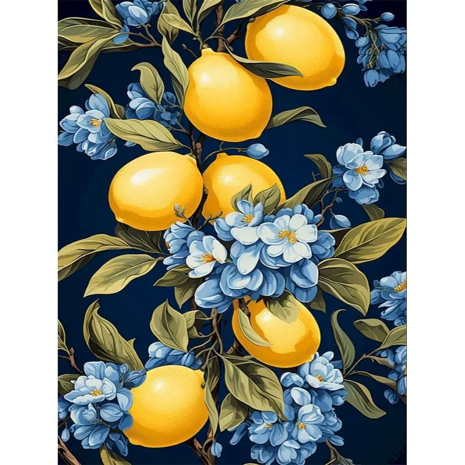 A painting of lemon branches with yellow fruit and blue flowers on a dark background.