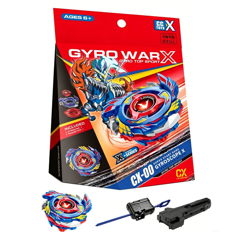 A box of Gyro War X spinning top sport game set including the main top and launchers.